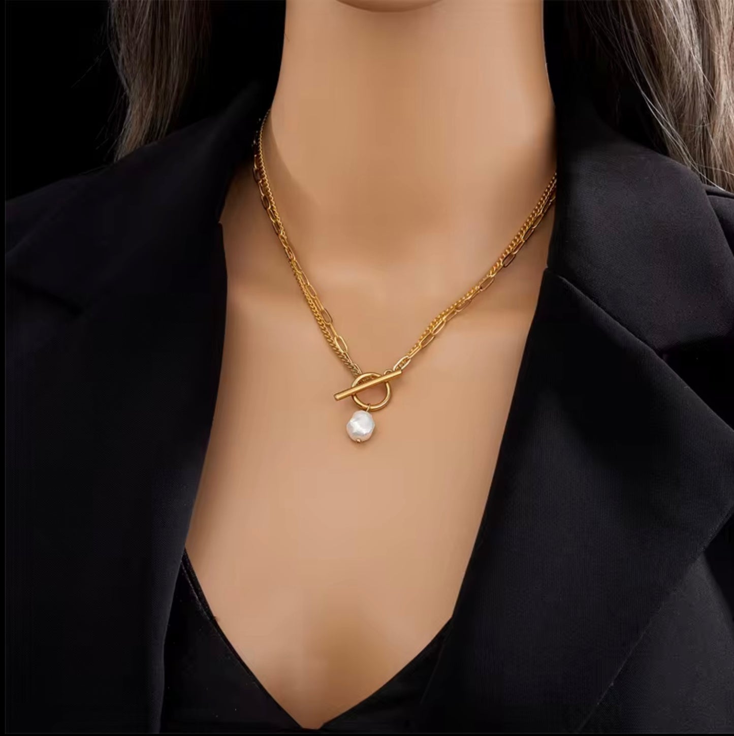 2 Layers 18K Gold Plated Baroque Pearl Necklace 316 Stainless Steel Cuban Chain OT Clasp Necklace