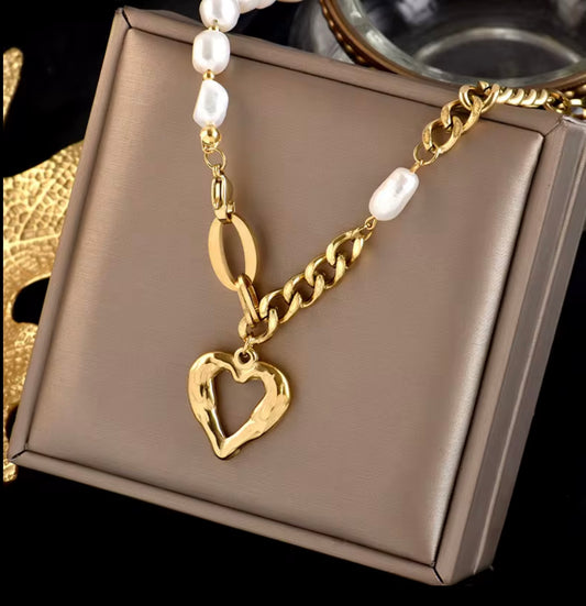 New Non Tarnish Stainless Steel 18k Gold Plated Pearl Heart Pendant Jewelry Necklace