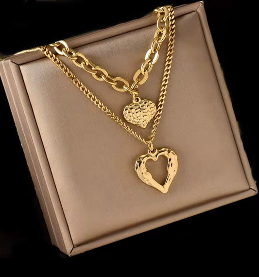 18k Gold Plating Double Layer Necklace Stainless Steel Double Heart Pendant Necklace