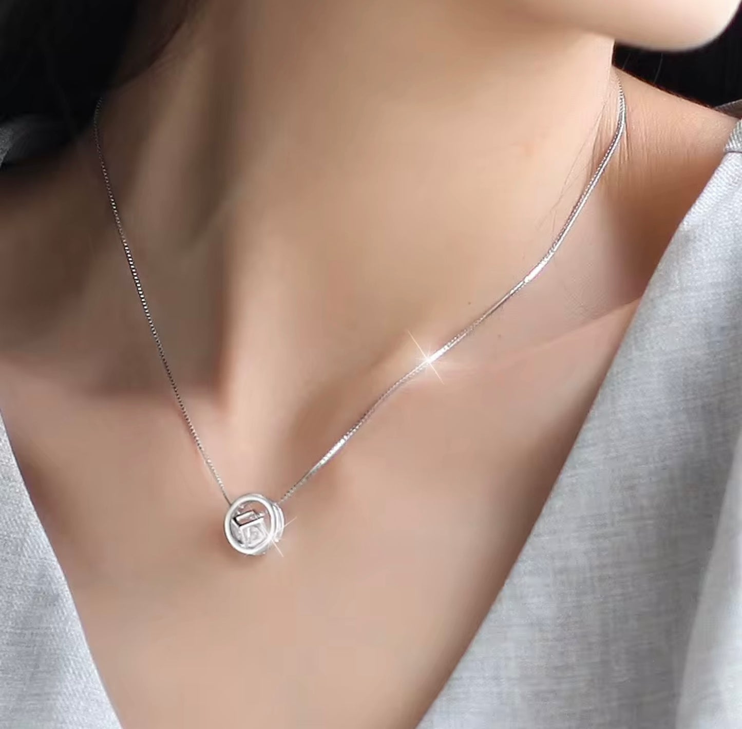 Chain 925 Silver Zircon Square Circle Necklace