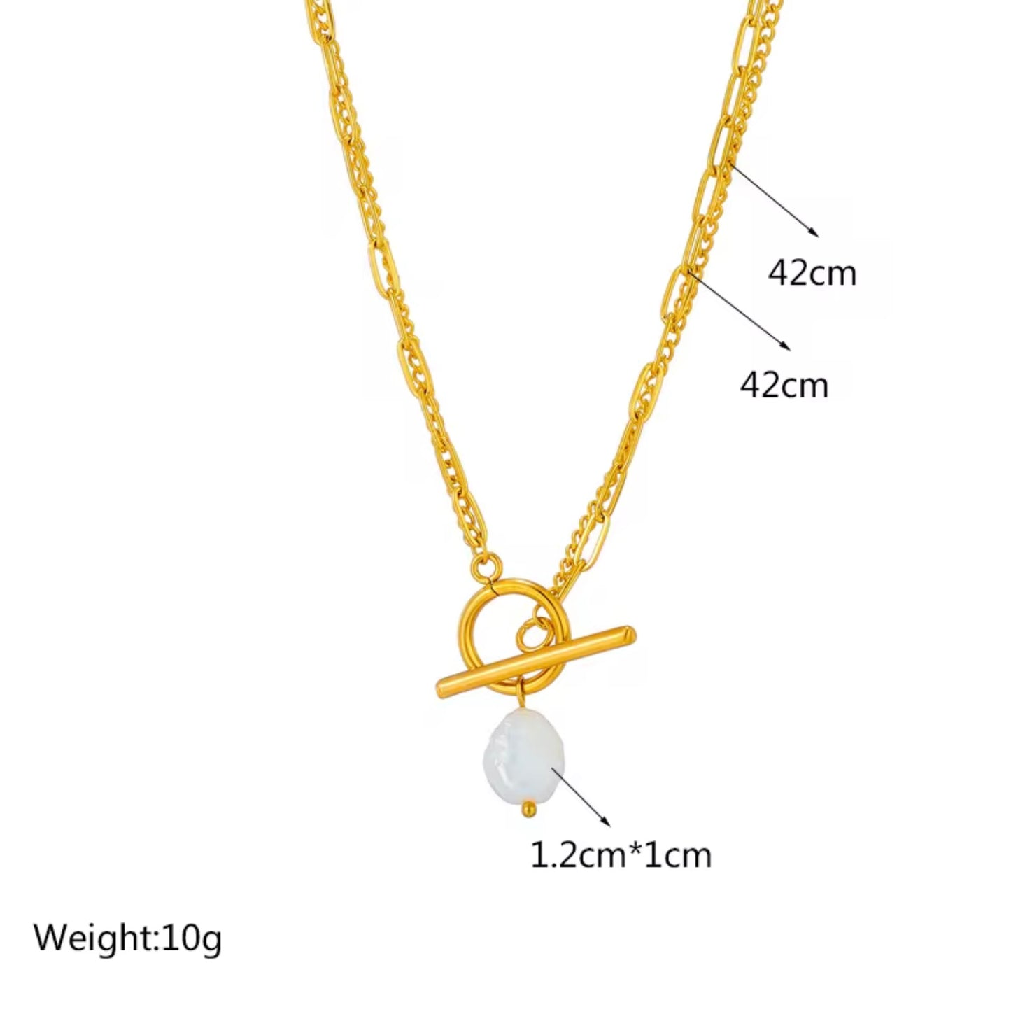 2 Layers 18K Gold Plated Baroque Pearl Necklace 316 Stainless Steel Cuban Chain OT Clasp Necklace