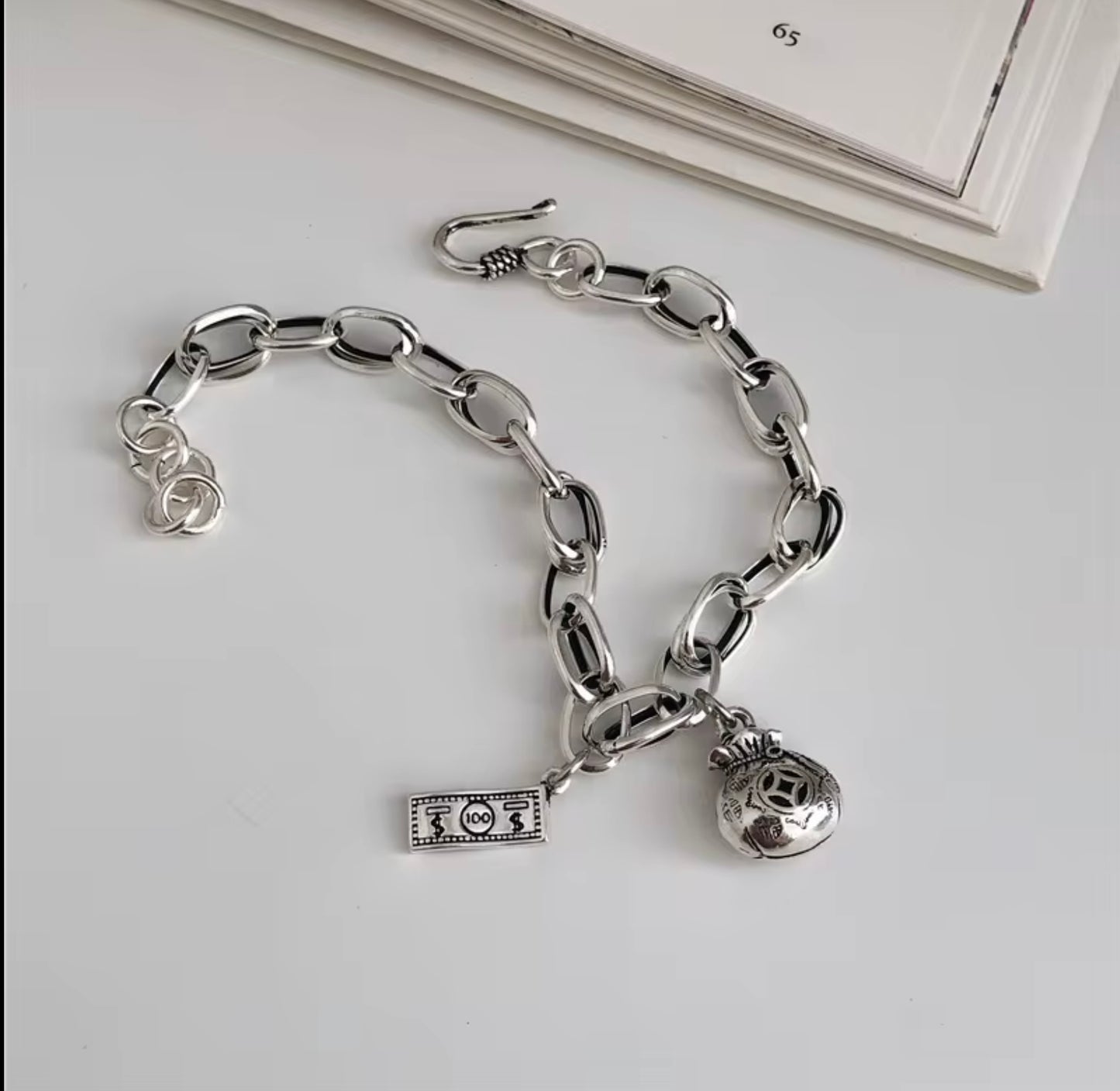 South Korea S925 Sterling Silver Retro Old Dollar Money Bag Blessing Bag Bracelet Personality Hip Hop tide