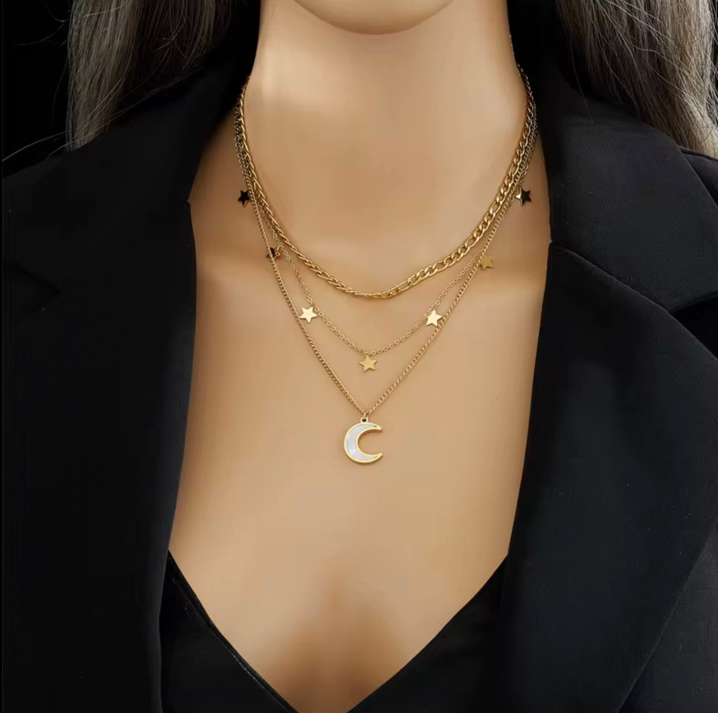 Luxury 18k Gold Plated Multi Layer Stainless Steel Crescent Moon and Star Necklace