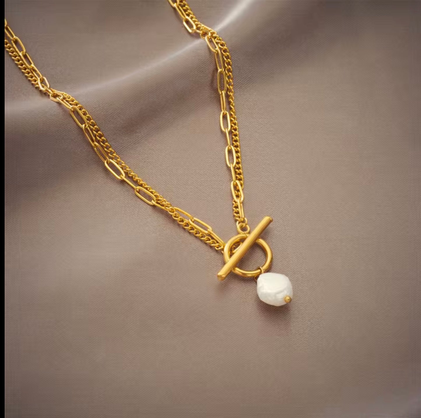 2 Layers 18K Gold Plated Baroque Pearl Necklace 316 Stainless Steel Cuban Chain OT Clasp Necklace