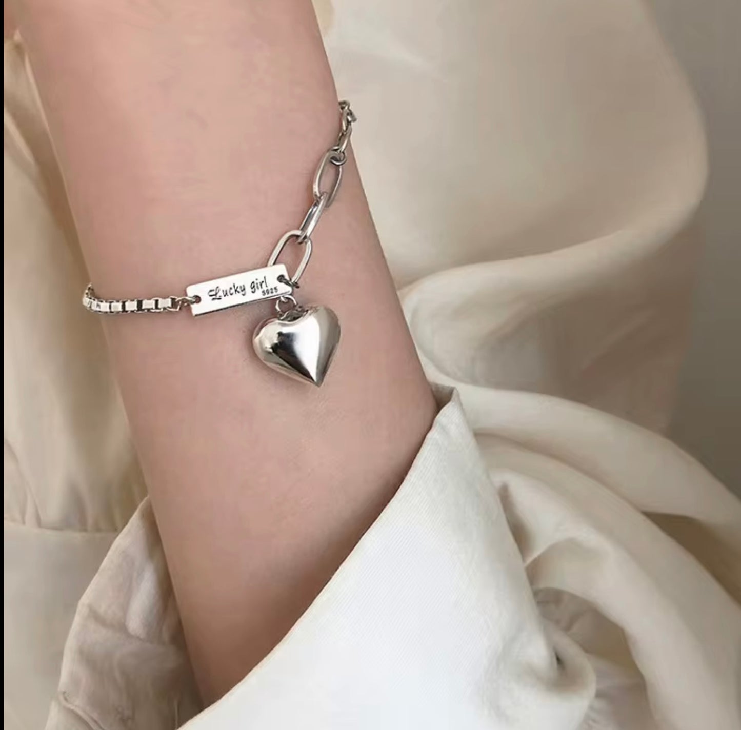 Korea 925 Sterling Silver Heart Bracelet Retro Thai Silver square Letter Bracelet Simple Jewelry