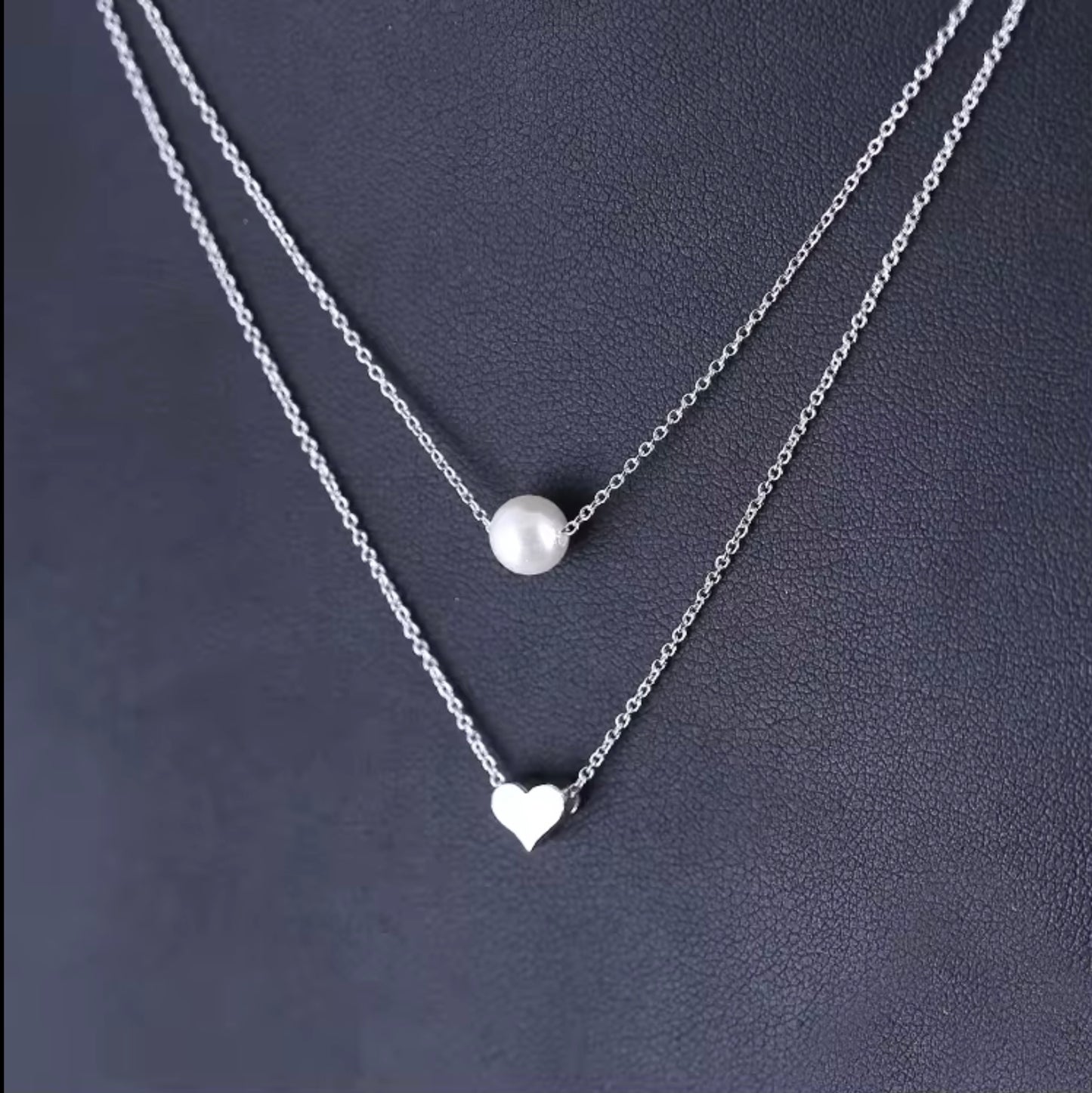 Simple Sterling Silver Pearl Love Heart Necklace S925 Double Layer Pearl Necklace