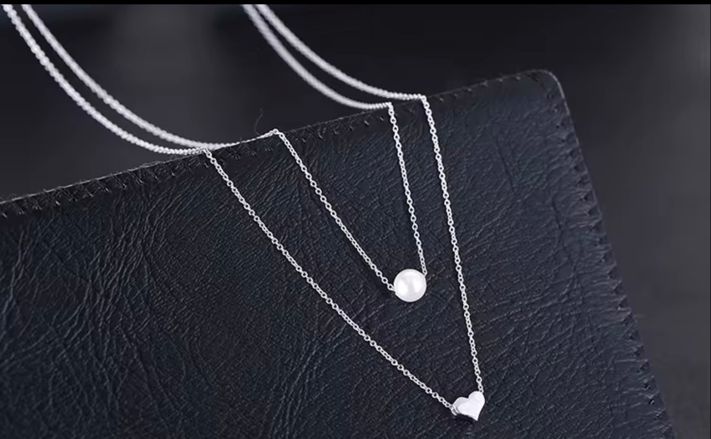 Simple Sterling Silver Pearl Love Heart Necklace S925 Double Layer Pearl Necklace