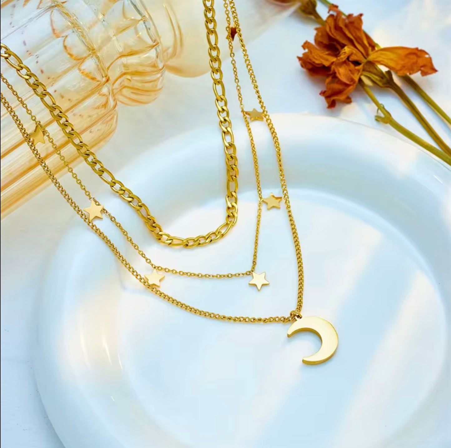 Luxury 18k Gold Plated Multi Layer Stainless Steel Crescent Moon and Star Necklace