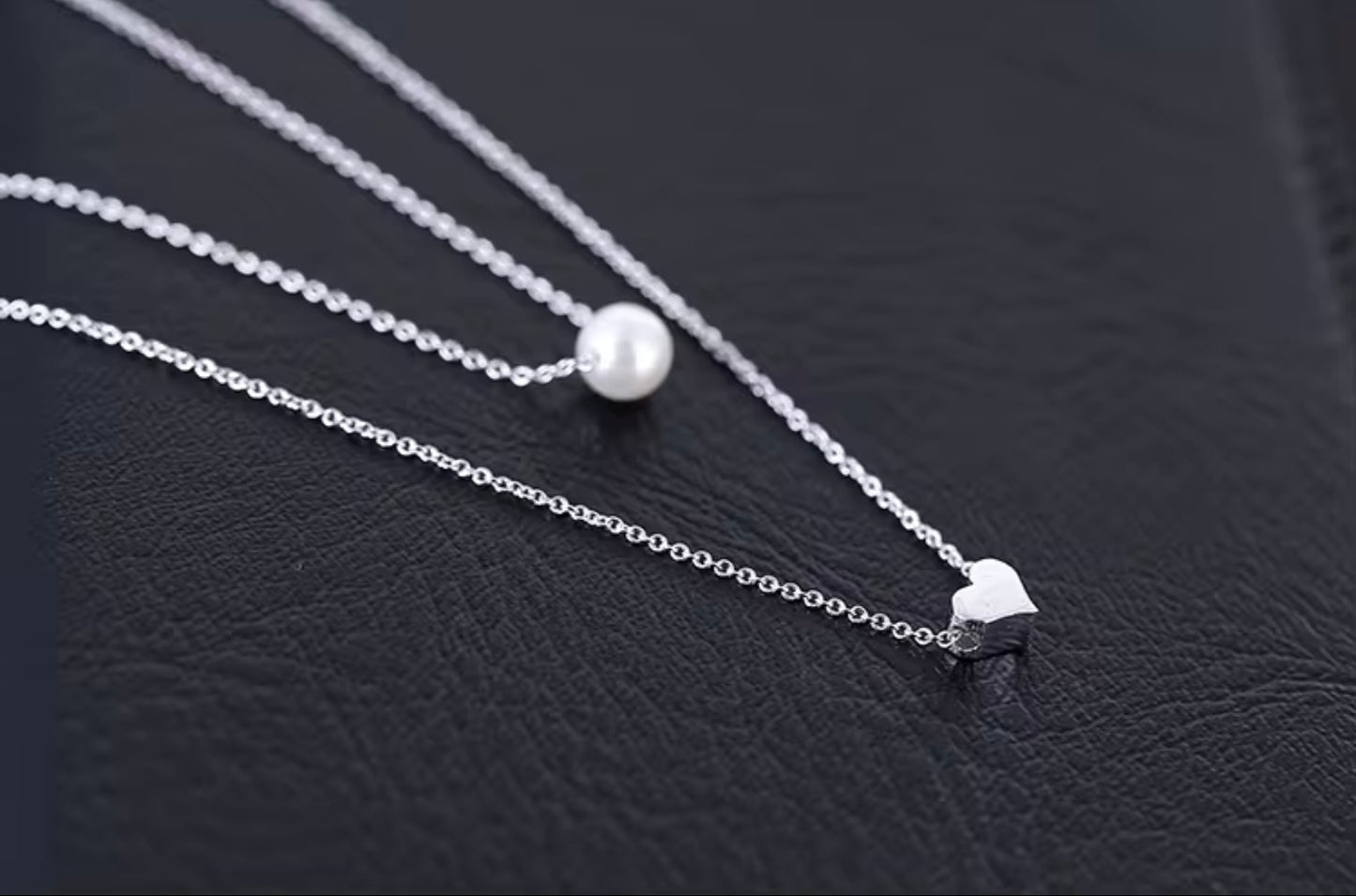 Simple Sterling Silver Pearl Love Heart Necklace S925 Double Layer Pearl Necklace