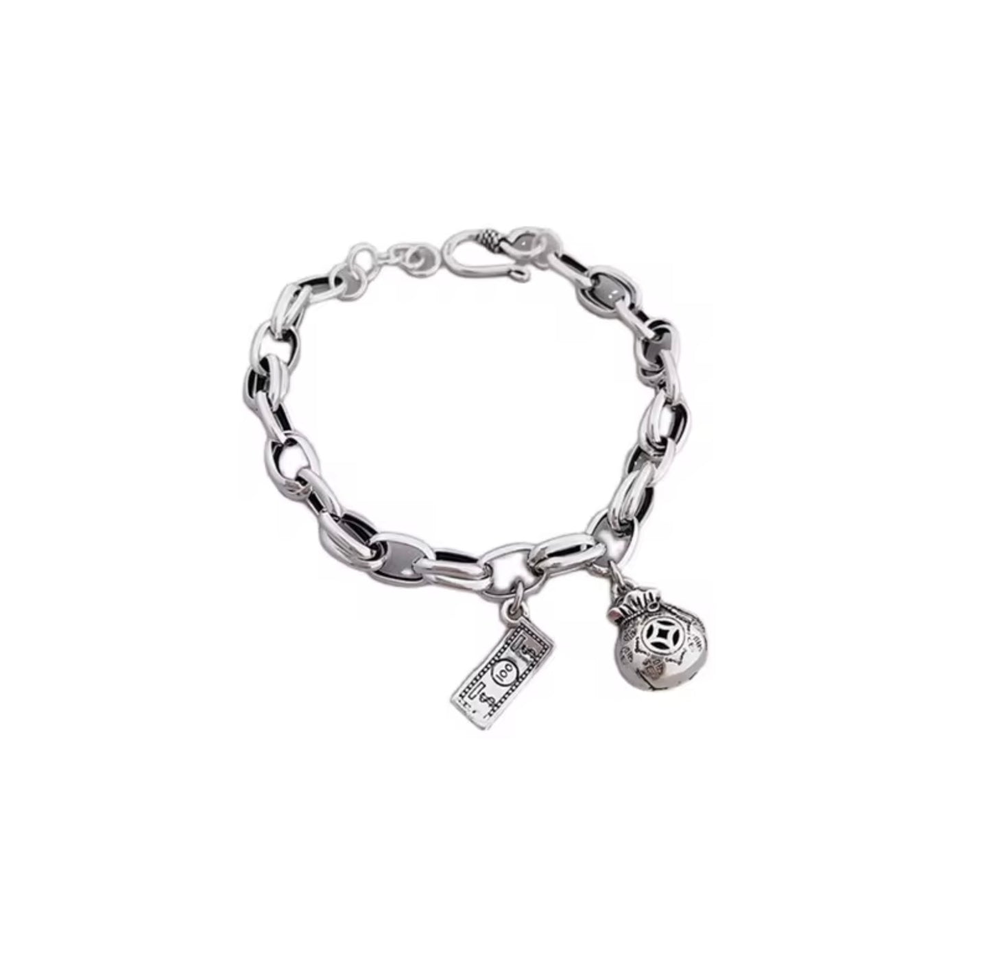 South Korea S925 Sterling Silver Retro Old Dollar Money Bag Blessing Bag Bracelet Personality Hip Hop tide