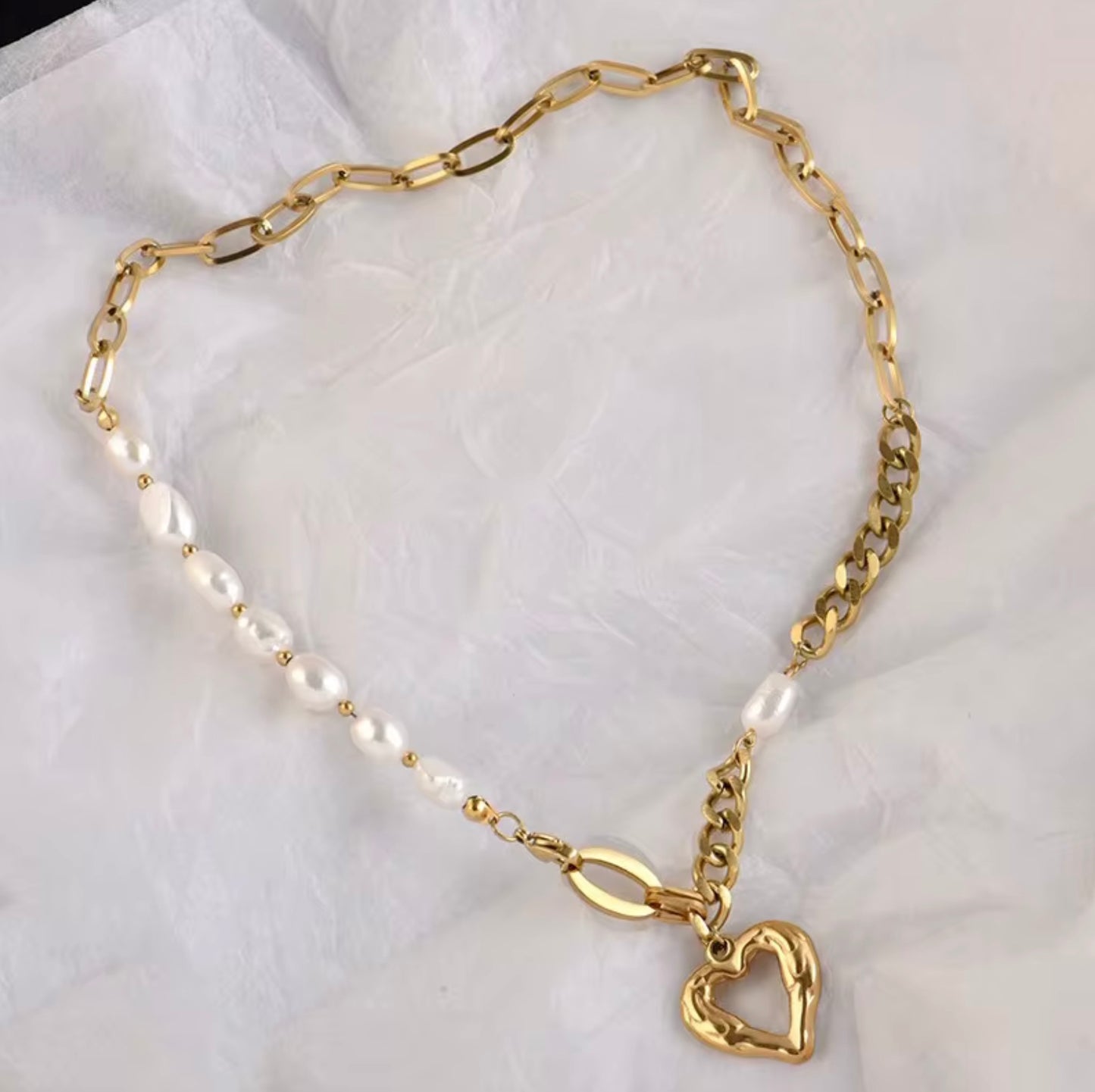 New Non Tarnish Stainless Steel 18k Gold Plated Pearl Heart Pendant Jewelry Necklace