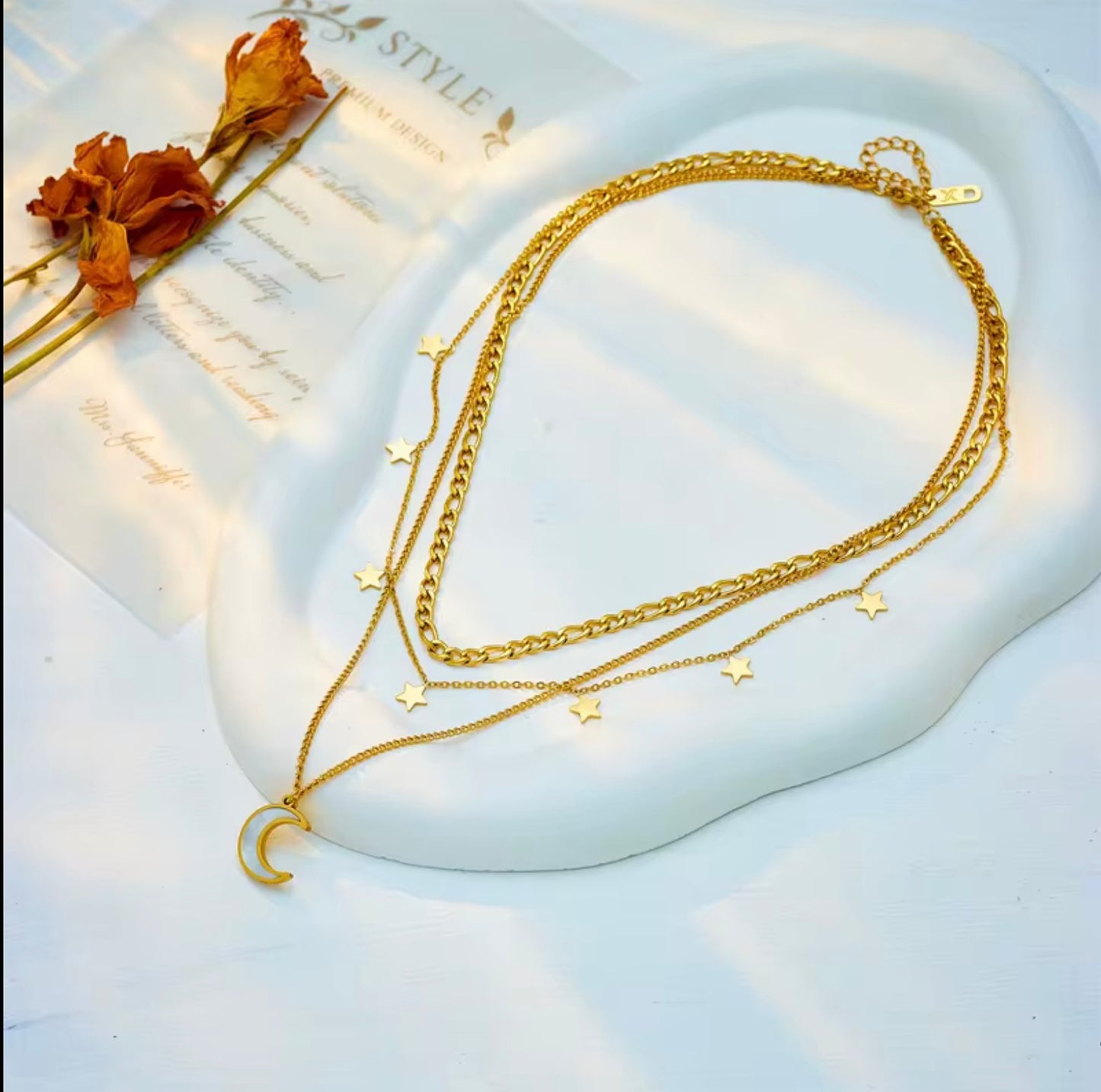 Luxury 18k Gold Plated Multi Layer Stainless Steel Crescent Moon and Star Necklace