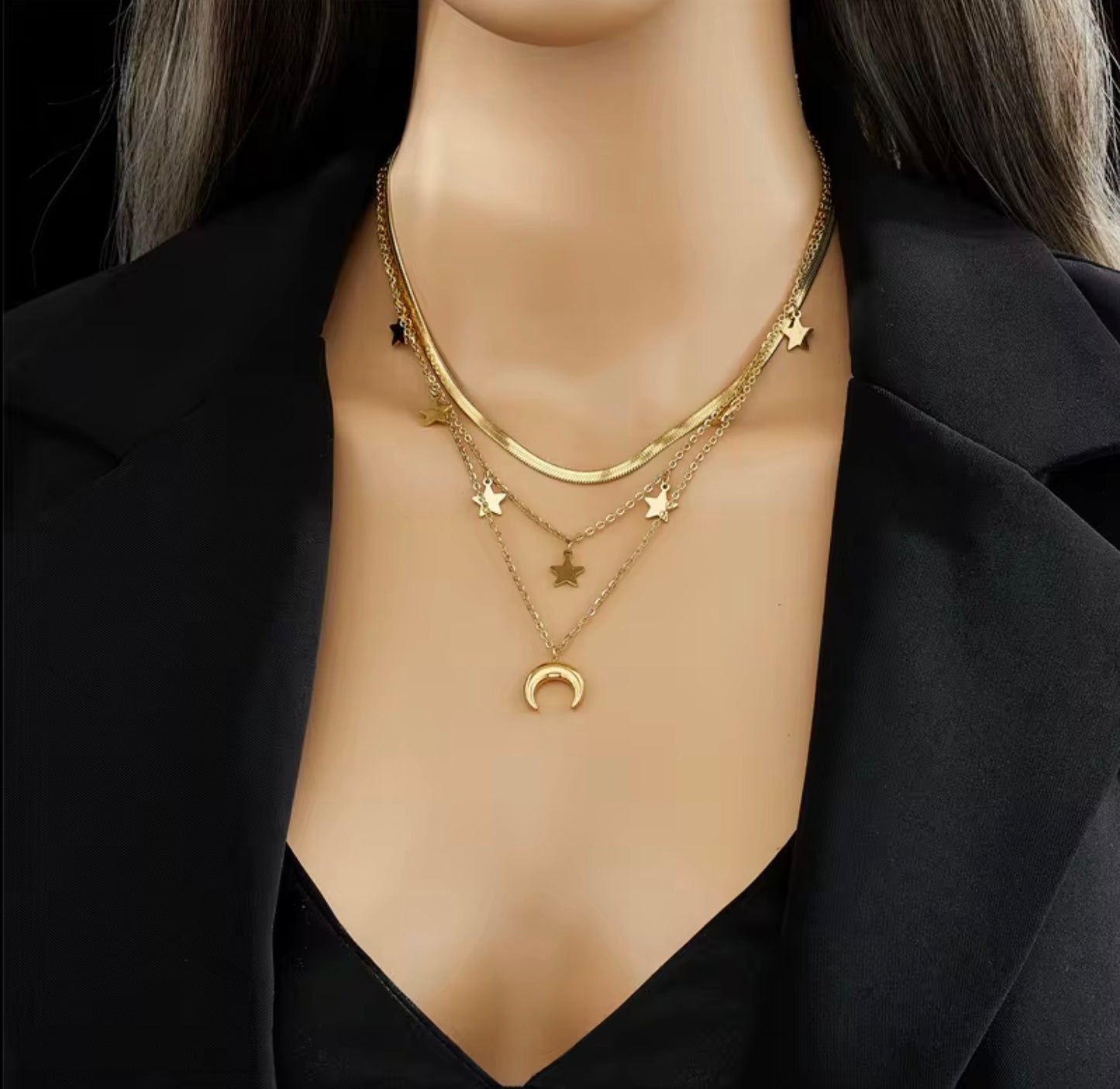 Fashion Waterproof Jewelry 18K Gold Plated Stainless Steel Moon and Star Necklaces Multi Layered