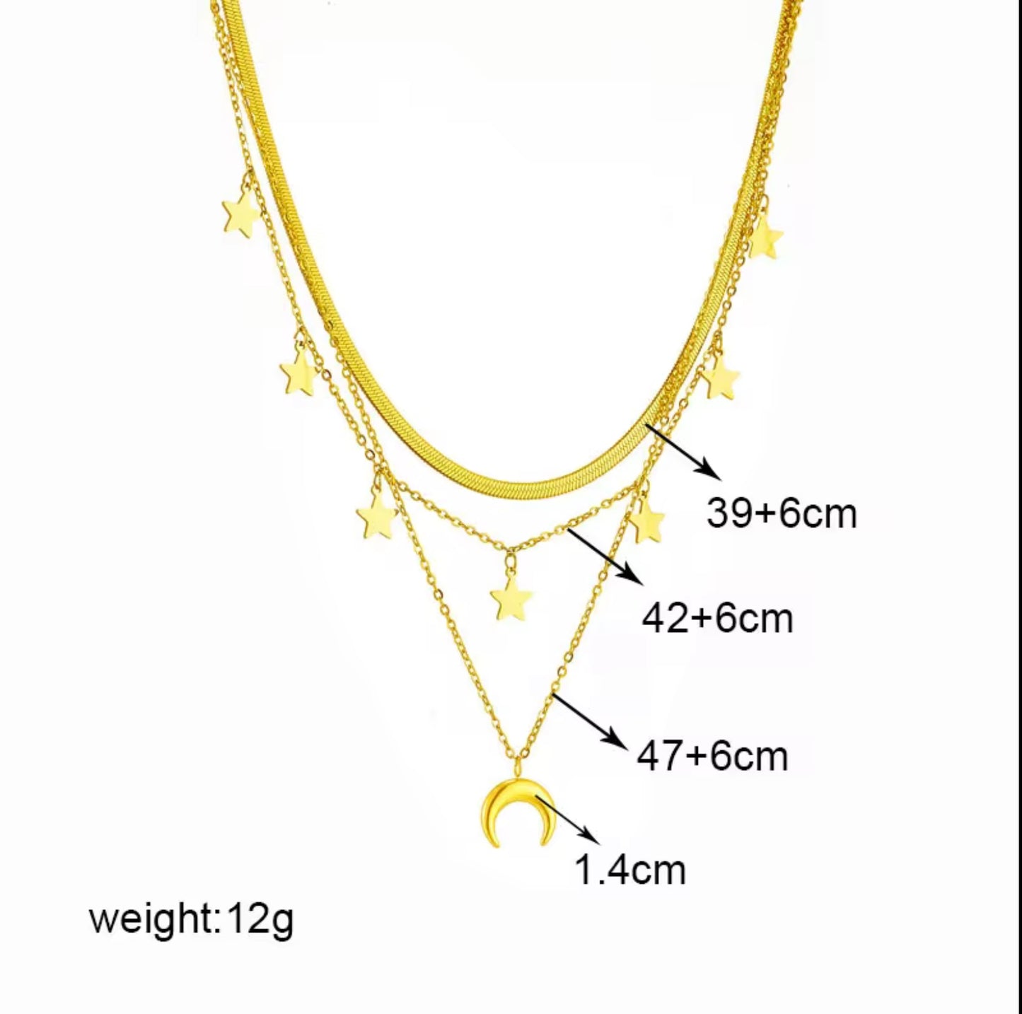 Fashion Waterproof Jewelry 18K Gold Plated Stainless Steel Moon and Star Necklaces Multi Layered