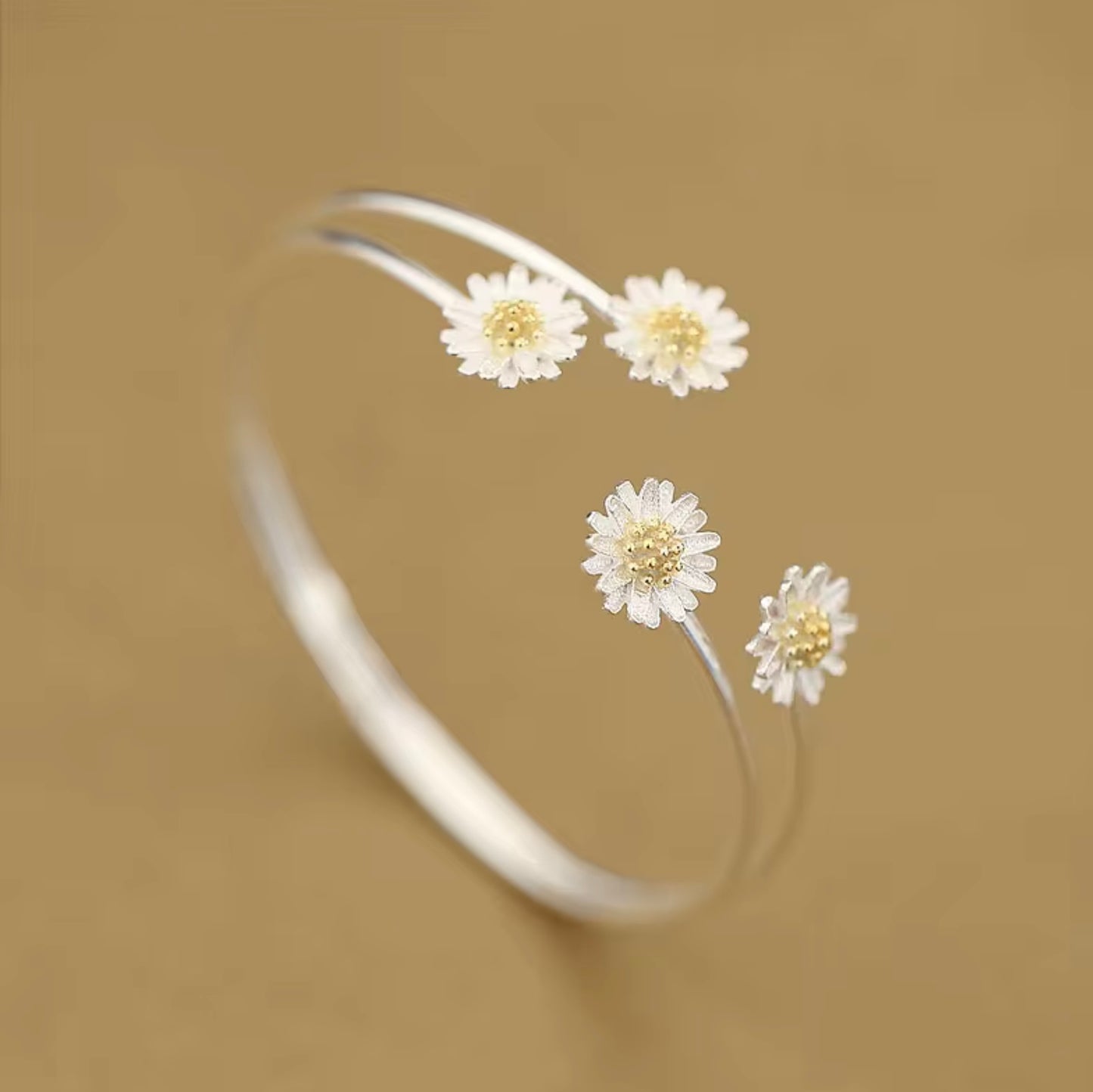 925 Sterling Silver Jewelry 4 Daisy Gold High-quality Popular Open Bracelet