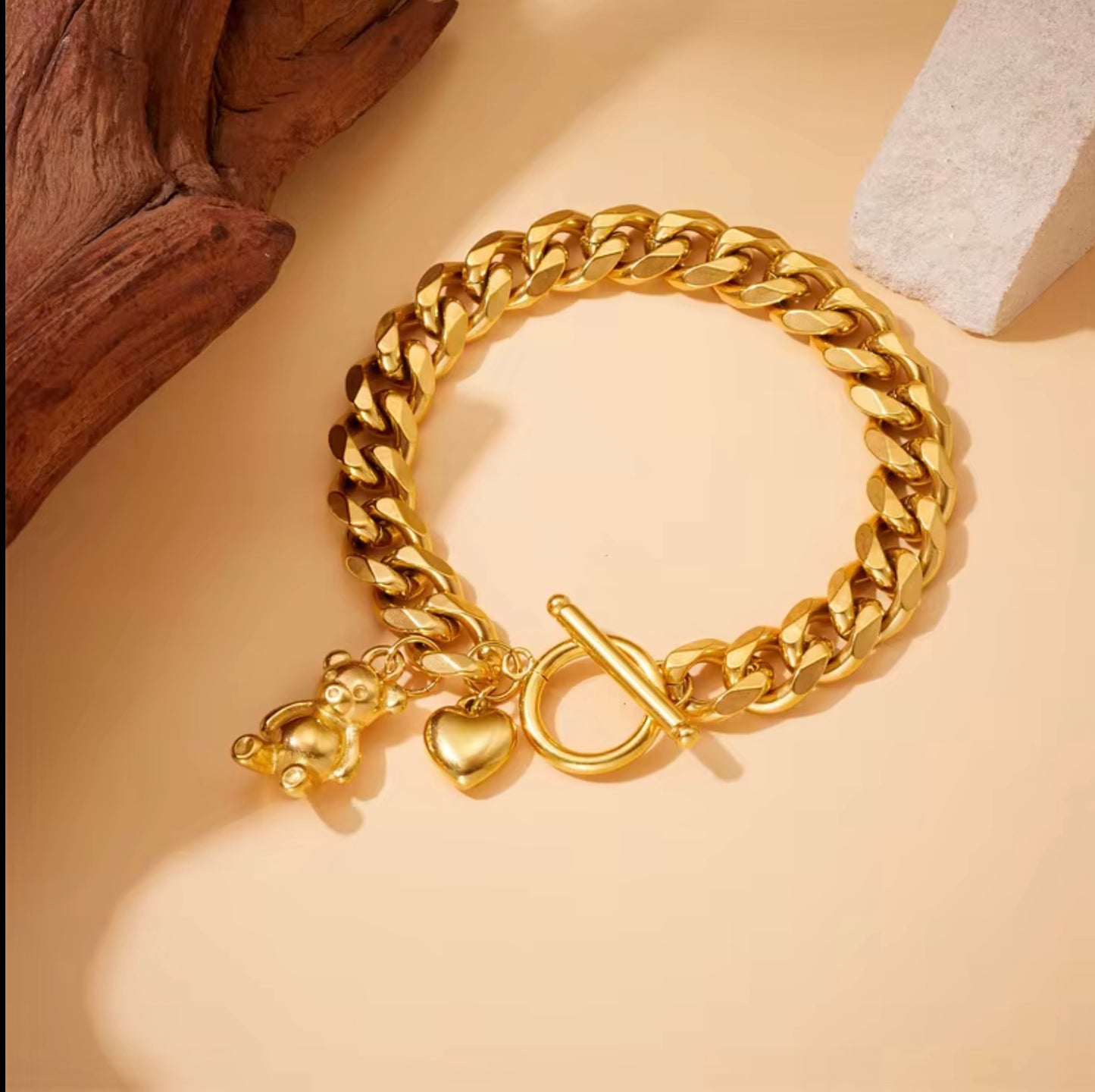18k Gold Plated 316L Stainless Steel Cute Bear Charm Bracelet Adjustable OT Toggle Clasp Bracelet
