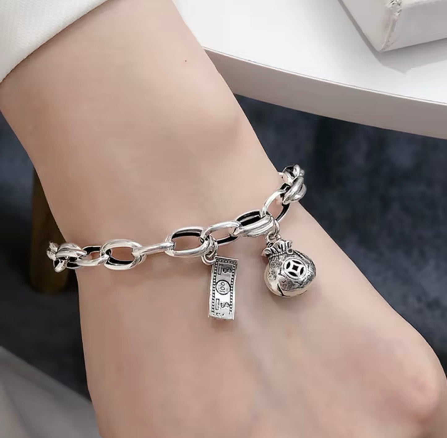 South Korea S925 Sterling Silver Retro Old Dollar Money Bag Blessing Bag Bracelet Personality Hip Hop tide