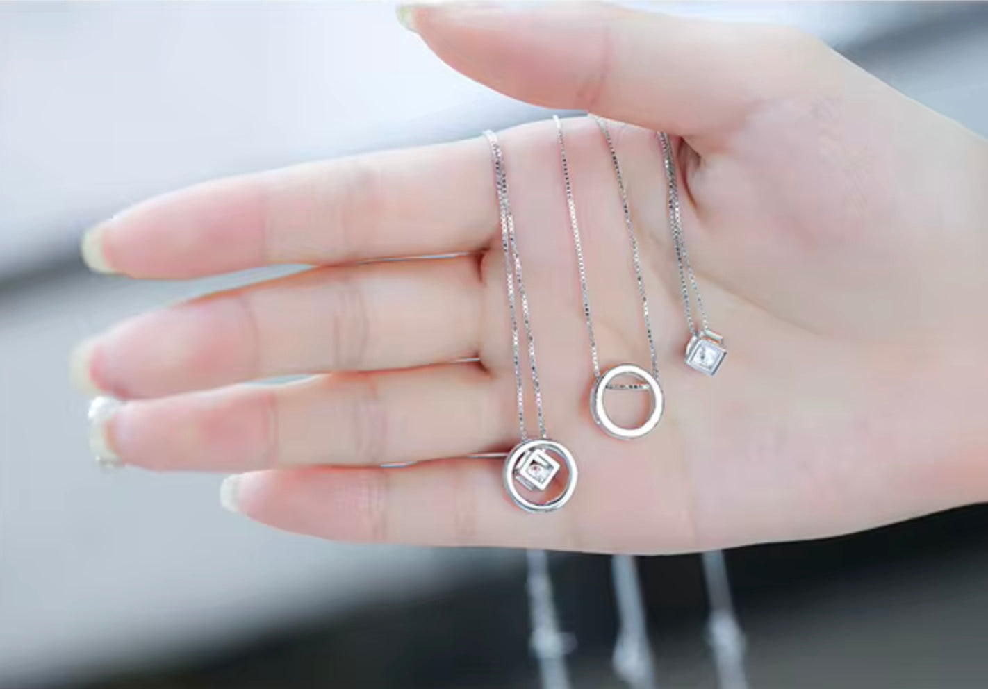 Chain 925 Silver Zircon Square Circle Necklace