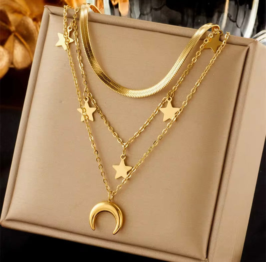 Fashion Waterproof Jewelry 18K Gold Plated Stainless Steel Moon and Star Necklaces Multi Layered