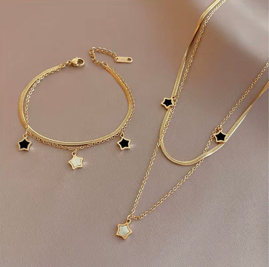 High-End 18k Gold Pvd Plated Stainless Steel Five Pointed Star Clavicle Chain  Necklace Bracelet Fashion
Jewelry Set