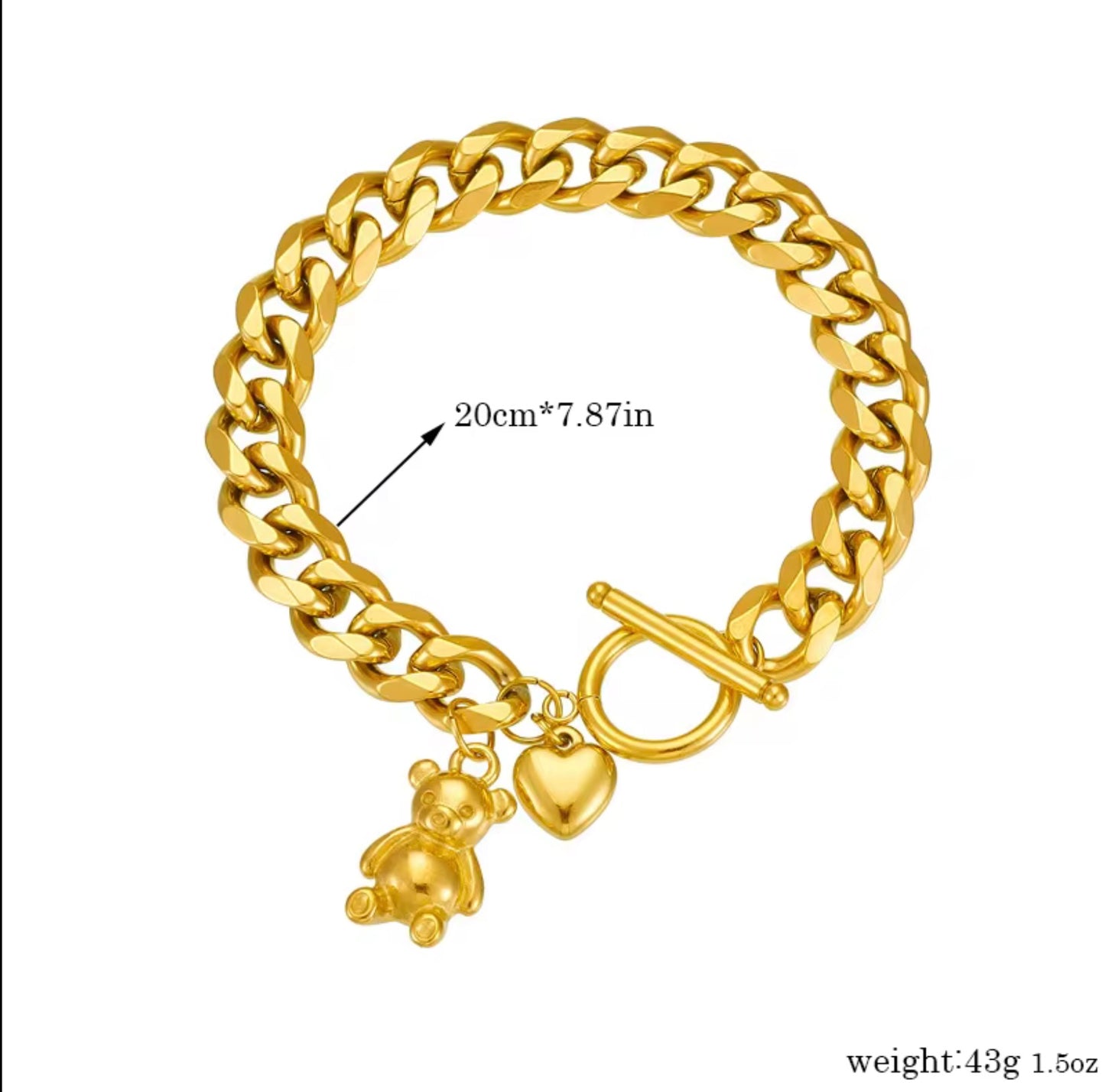 18k Gold Plated 316L Stainless Steel Cute Bear Charm Bracelet Adjustable OT Toggle Clasp Bracelet