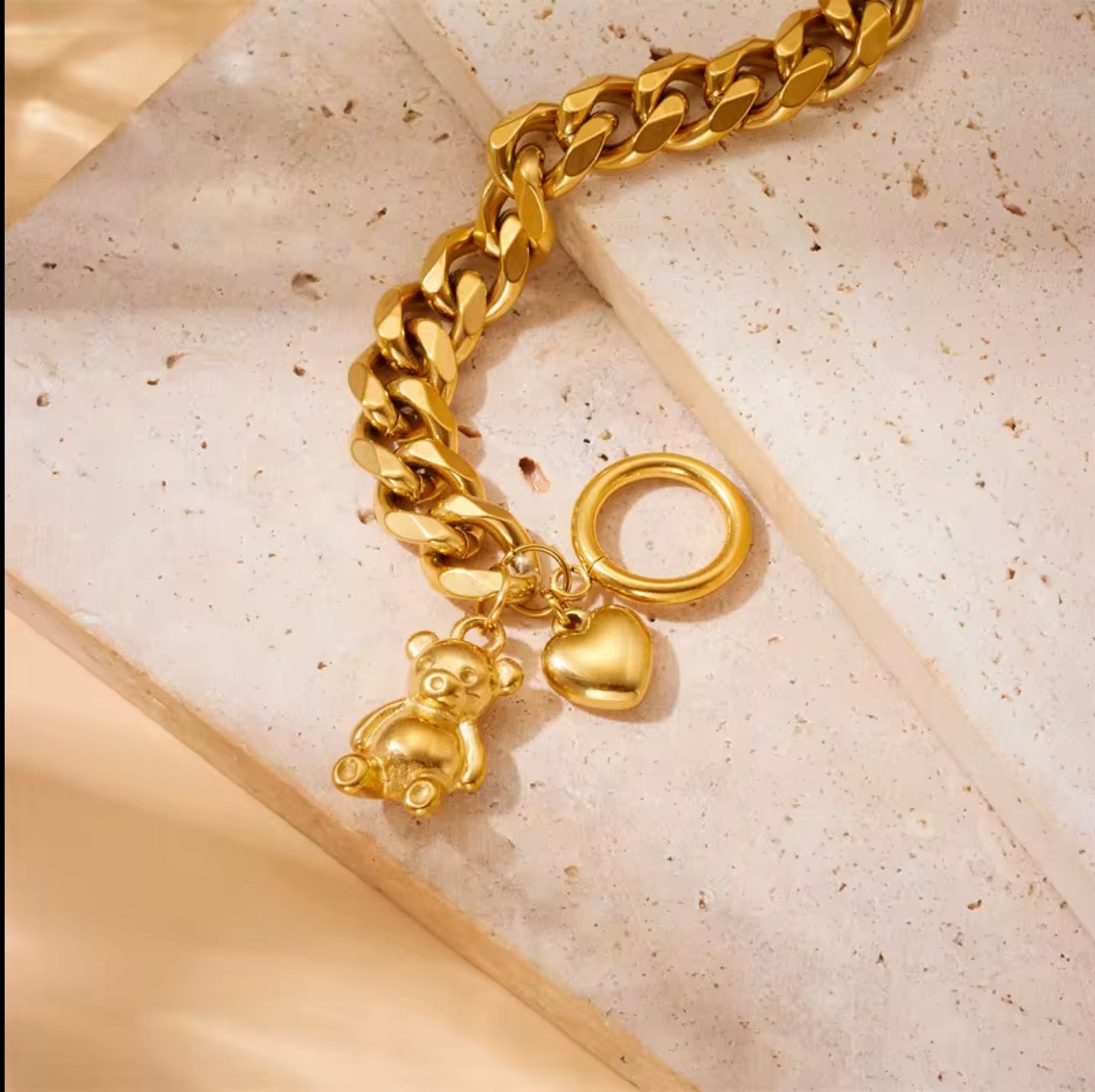 18k Gold Plated 316L Stainless Steel Cute Bear Charm Bracelet Adjustable OT Toggle Clasp Bracelet