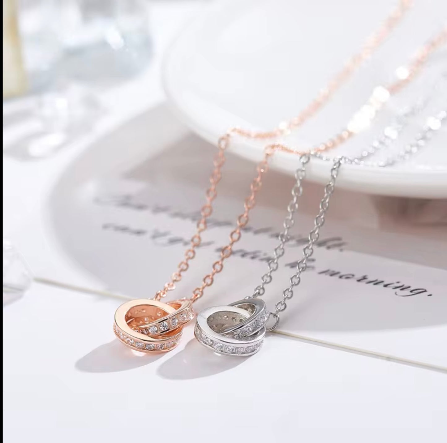 925 Sterling Silver Double Circle Zircon Necklaces Pendants Lady Festival Gift Sterling-