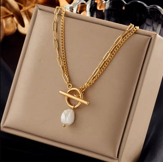 2 Layers 18K Gold Plated Baroque Pearl Necklace 316 Stainless Steel Cuban Chain OT Clasp Necklace