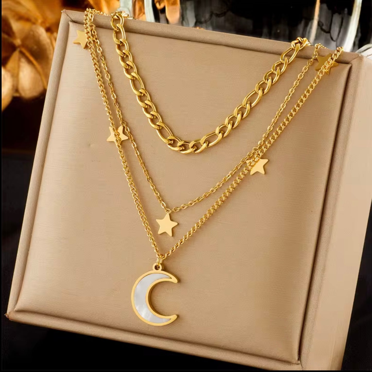 Luxury 18k Gold Plated Multi Layer Stainless Steel Crescent Moon and Star Necklace