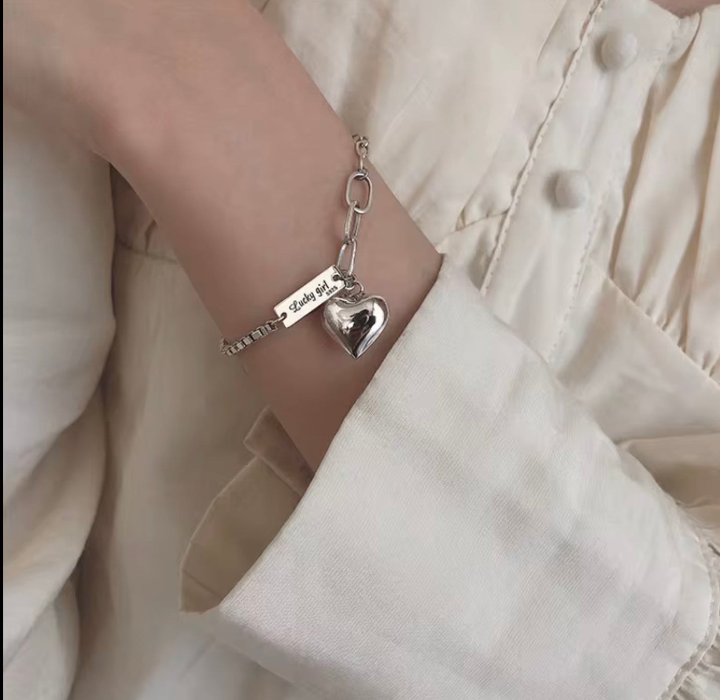 Korea 925 Sterling Silver Heart Bracelet Retro Thai Silver square Letter Bracelet Simple Jewelry