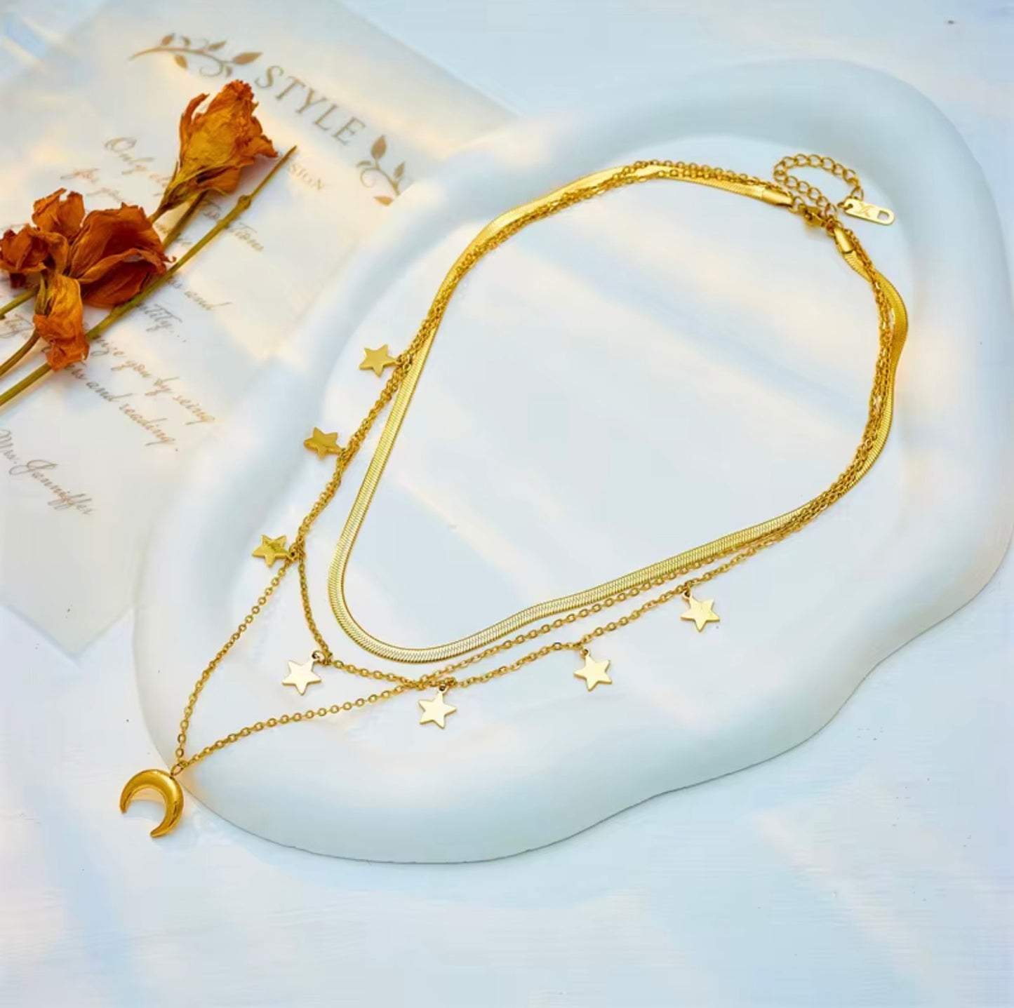 Fashion Waterproof Jewelry 18K Gold Plated Stainless Steel Moon and Star Necklaces Multi Layered