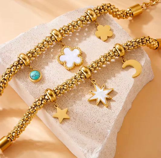 18k Gold Plated Stainless Steel Star Moon Flower Charm Bracelet Jewelry Adjustable Charm Bracelet