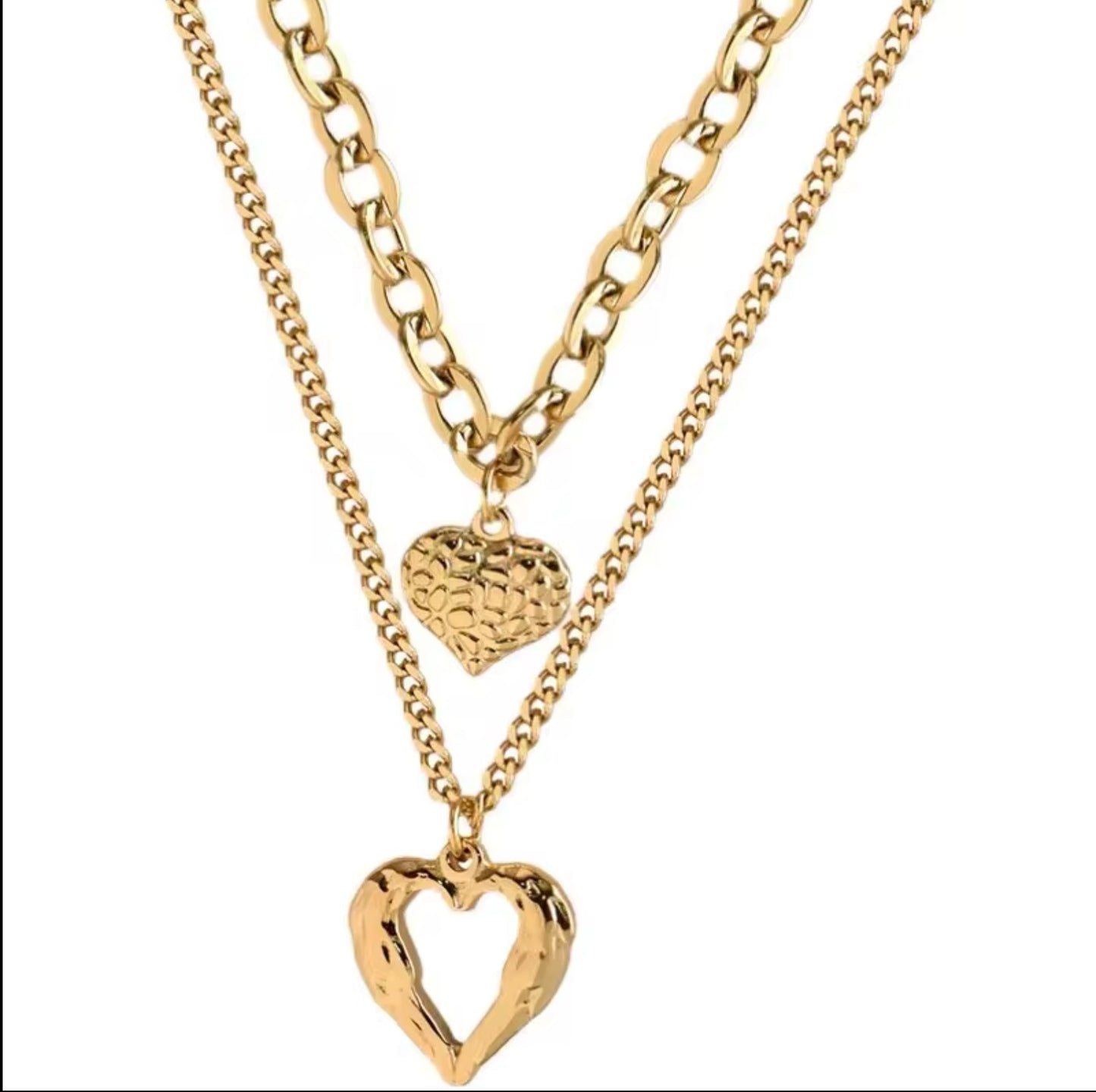 18k Gold Plating Double Layer Necklace Stainless Steel Double Heart Pendant Necklace
