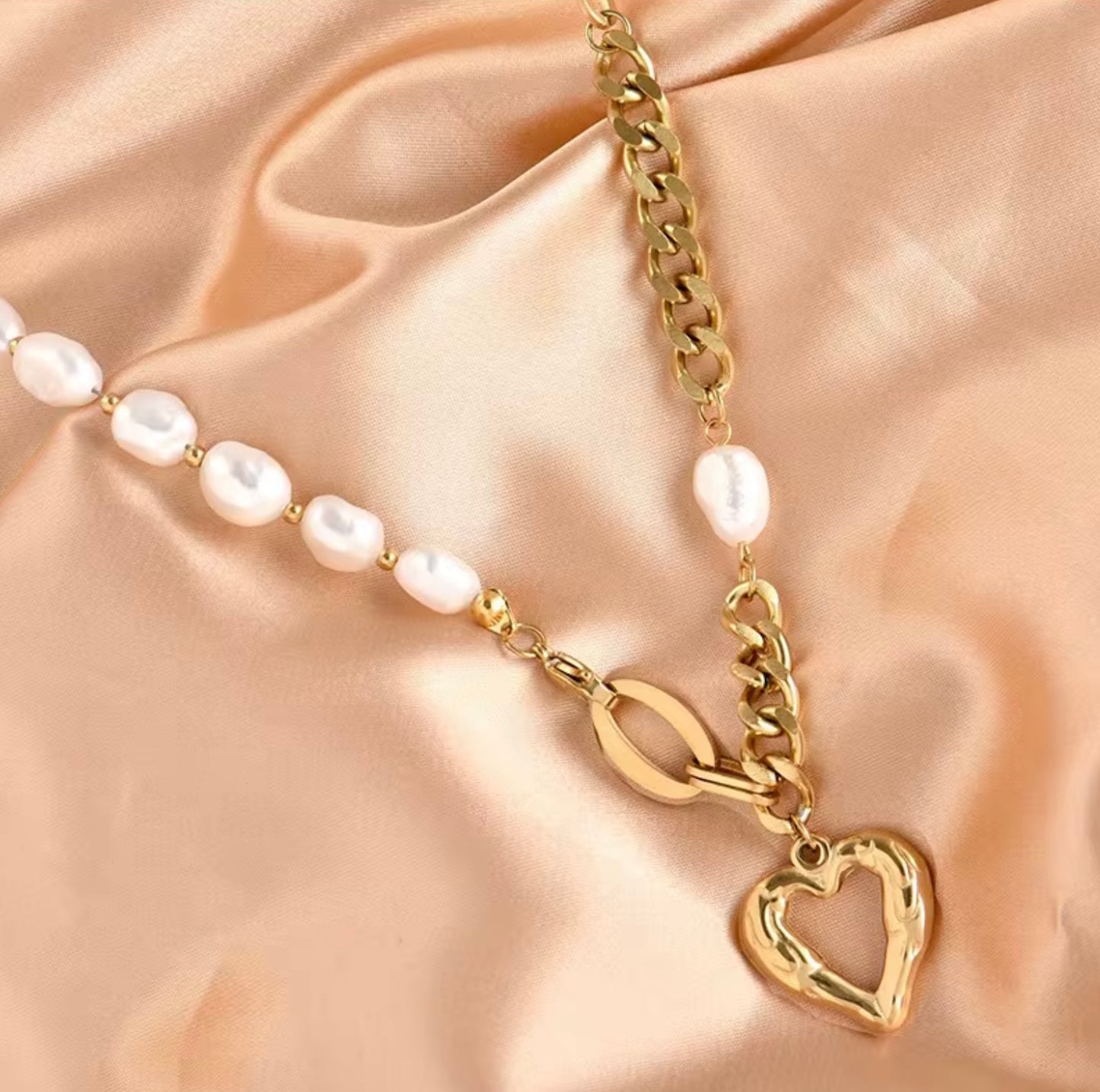 New Non Tarnish Stainless Steel 18k Gold Plated Pearl Heart Pendant Jewelry Necklace