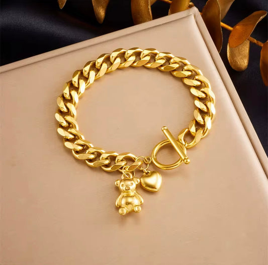18k Gold Plated 316L Stainless Steel Cute Bear Charm Bracelet Adjustable OT Toggle Clasp Bracelet