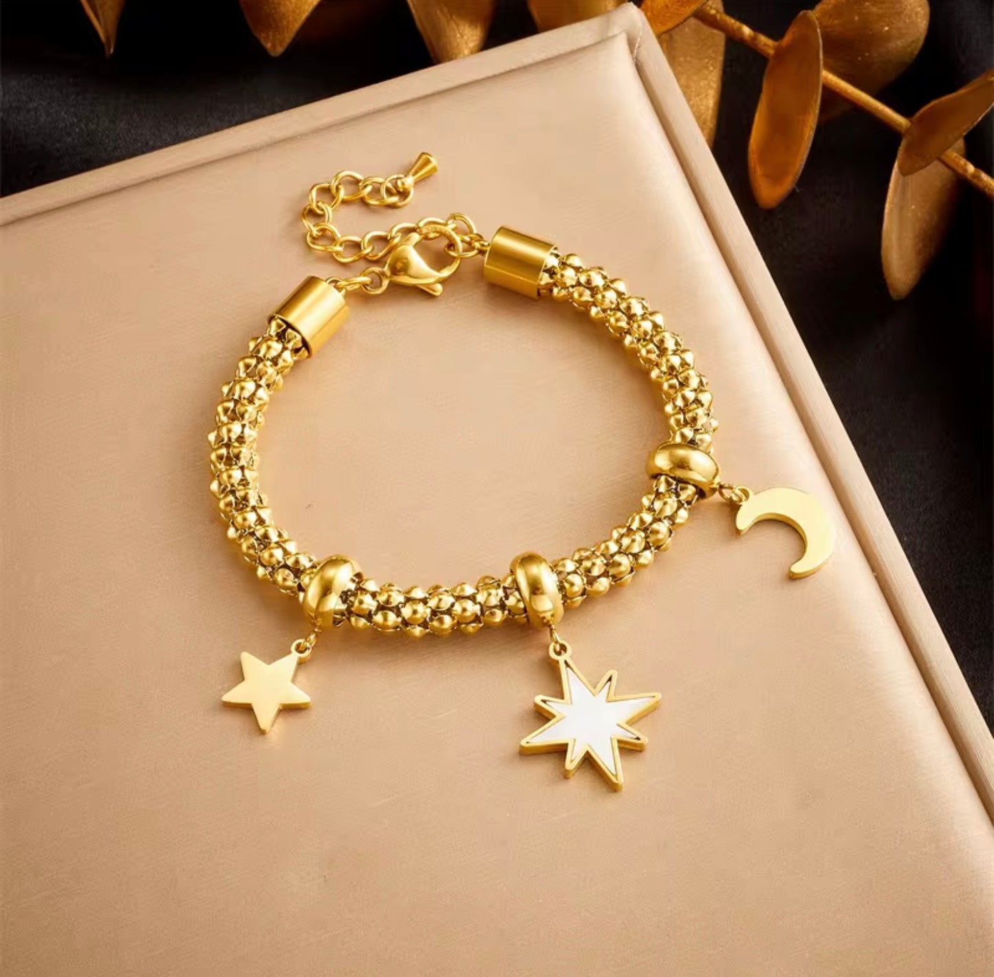 18k Gold Plated Stainless Steel Star Moon Flower Charm Bracelet Jewelry Adjustable Charm Bracelet
