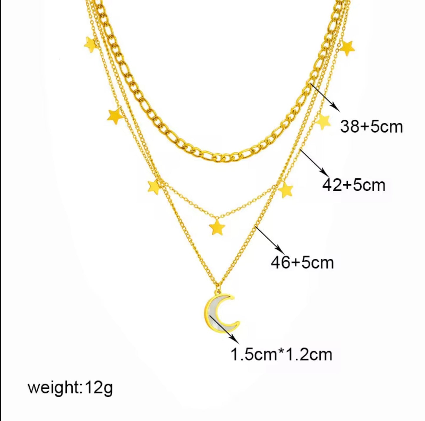 Luxury 18k Gold Plated Multi Layer Stainless Steel Crescent Moon and Star Necklace