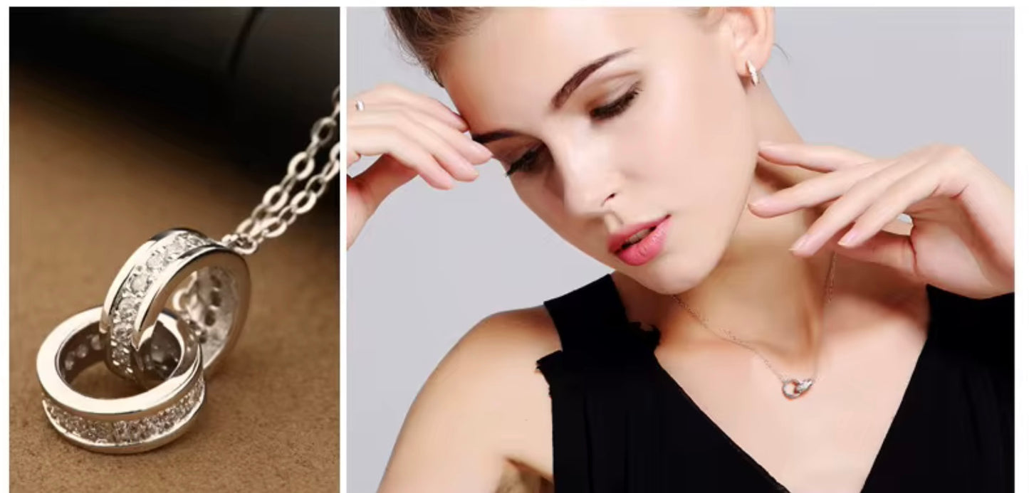 925 Sterling Silver Double Circle Zircon Necklaces Pendants Lady Festival Gift Sterling-