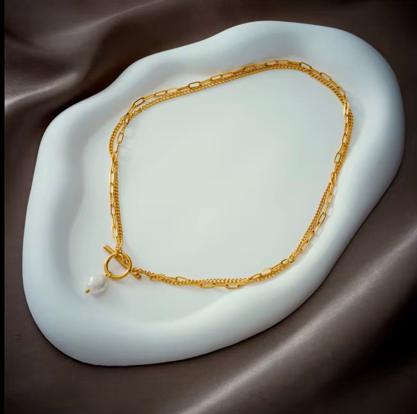 2 Layers 18K Gold Plated Baroque Pearl Necklace 316 Stainless Steel Cuban Chain OT Clasp Necklace