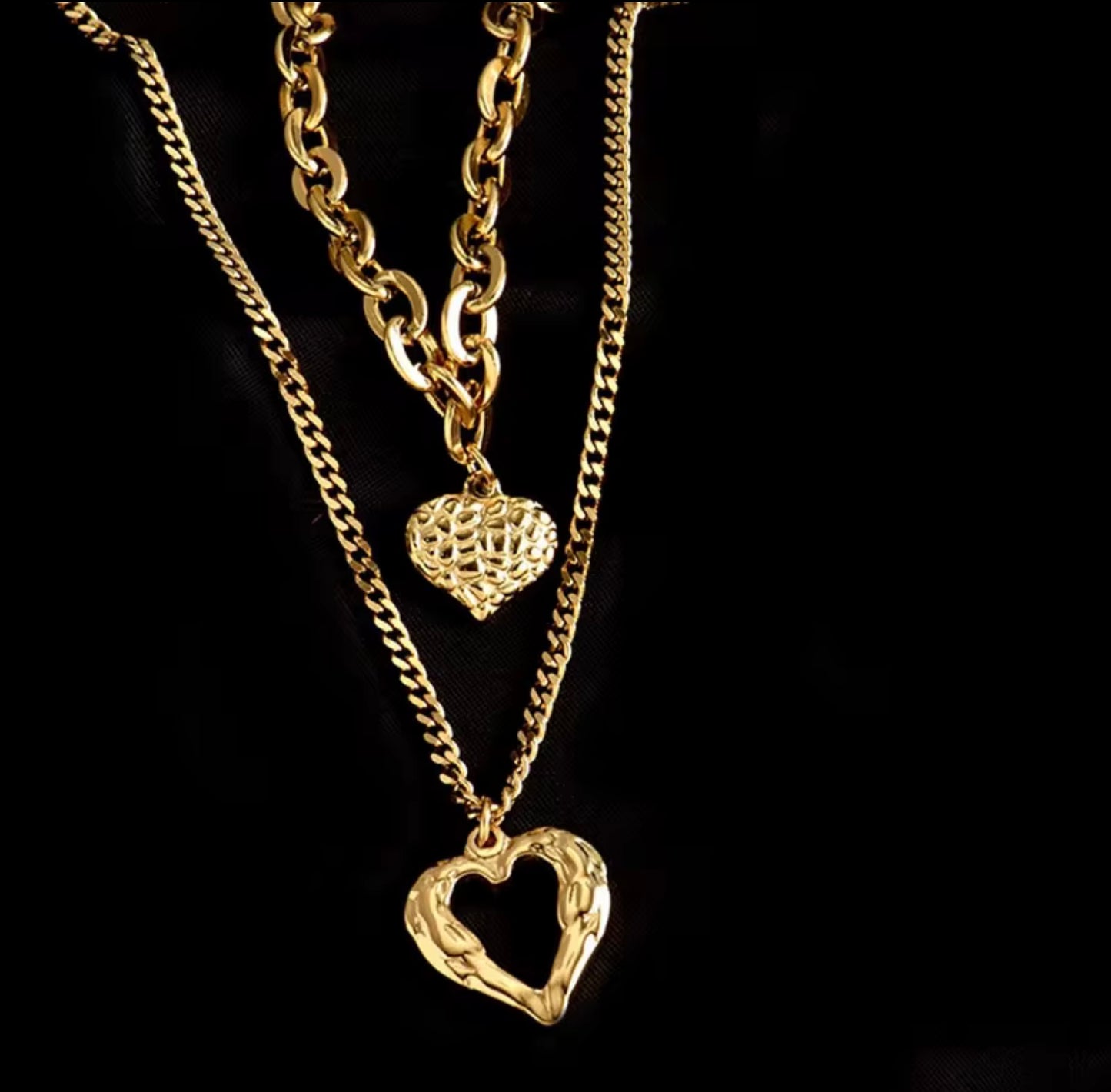18k Gold Plating Double Layer Necklace Stainless Steel Double Heart Pendant Necklace