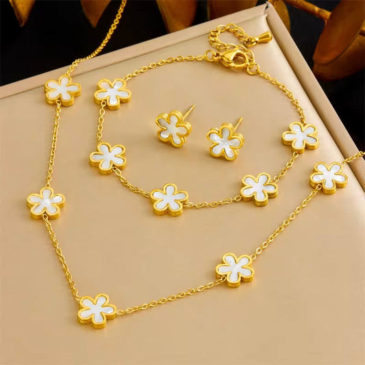 Stainless Steel 18k Gold Plated Flower Jewelry Set Tarnish Free Necklace Bracelet Earrings Set