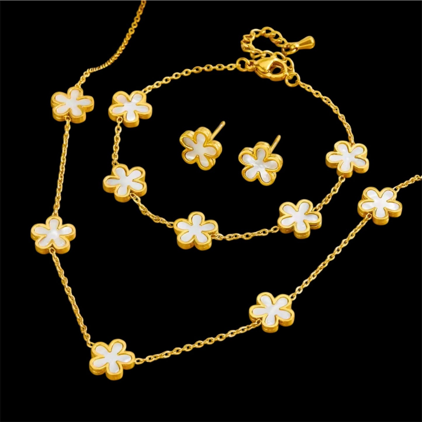 Stainless Steel 18k Gold Plated Flower Jewelry Set Tarnish Free Necklace Bracelet Earrings Set